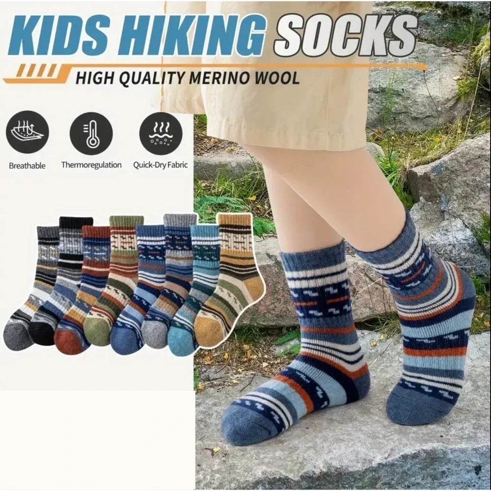Merino‎ Wool Thermal Thick Warm Cozy Winter Socks 12-15 Boys Retro Striped Soft